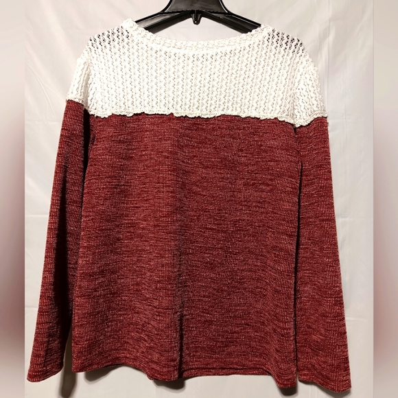 Women's Long Sleeve Ivory Crochet Top with Wine Ribbed Body, Large, Soft - Picture 6 of 6